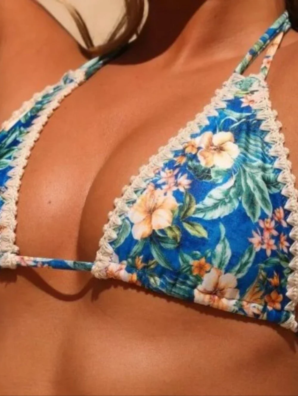 Kulani Kinis Blue Floral Crochet-Trim Triangle Bikini